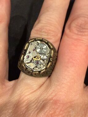 Artist Made Steampunk Watch Movement Ring Vintage Gruen 17 Jewel Filigree Brass
